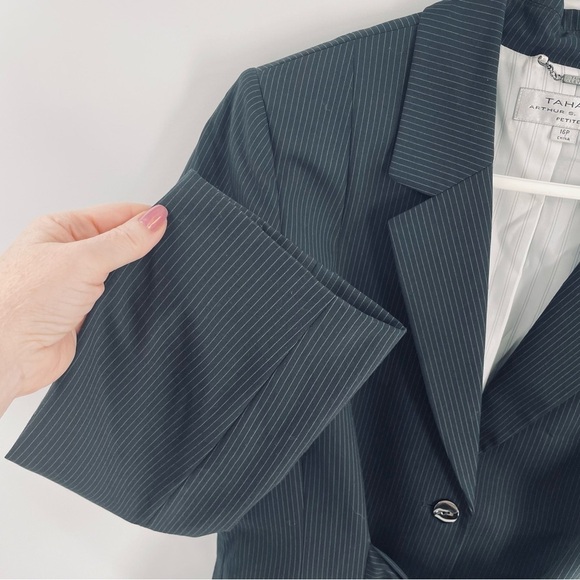Tahari ASL Petite Pin Striped Tie Button Front Lined Suit Blazer Jacket Office - Picture 2 of 11